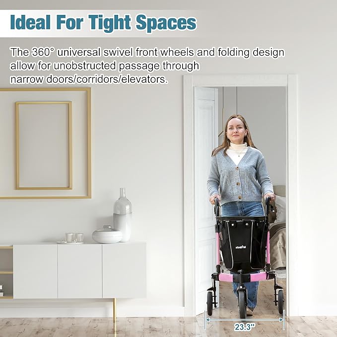 3 Wheel Walkers for Seniors, Foldable Rollator Walker with Tray & Large Storage Bag, 10" Big Wheel for All Terrain, 350 lb Weight Capacity, Pink