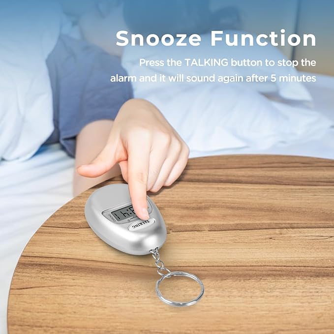 2 Pack Talking Clock for Blind Keychain Alarm - Small Digital Clock with Alarm for Visually Impaired Digital Alarm Clock for Kids, Elderly, Silver