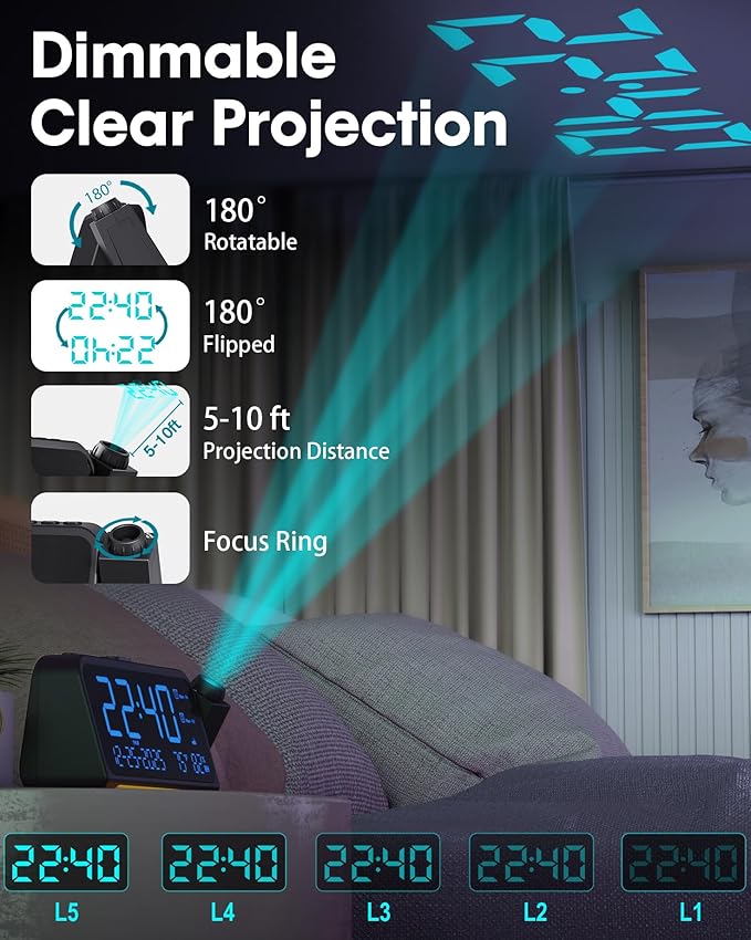 Roxicosly Projection Alarm Clock for Bedroom Ceiling, 118 dB Super Loud for Heavy Sleepers, 6.7" Large Digital Dimmable Display with Day Date Indoor Temp Humidity, Dual Alarms Adjustable Volume