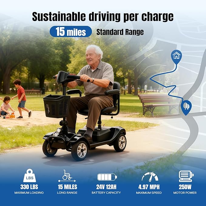 Mobility Scooter for Adults - 4 Wheels, 330lbs Capacity, 15Miles Long Range, Foldable Powered Mobility Scooter for Seniors, Elderly, Removable Battery, with Headlight, Charger & Basket