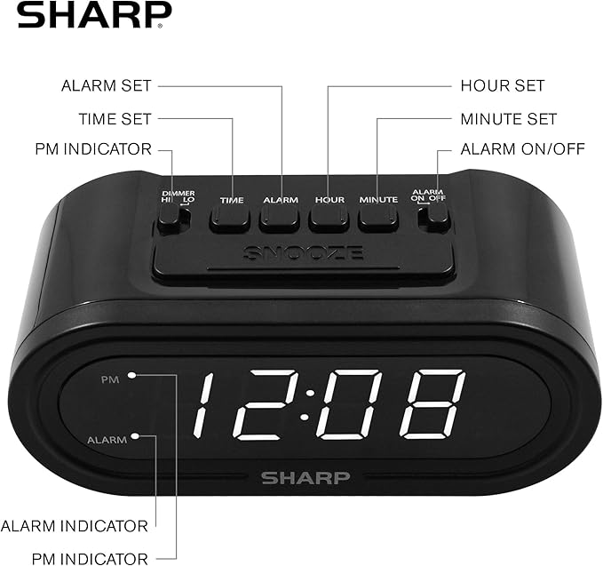 Sharp Digital Alarm with AccuSet - Automatic Smart Clock, Never Needs Setting (Midnight Black-White LED)