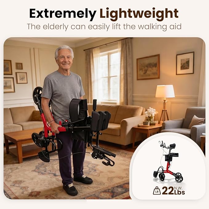 Upright Walkers for Seniors 450 lbs Capacity, 22 lbs Foldable Lightweight Walkers for Seniors with Seat, Armrest and Pedal, Height Adjustable Rollator Walker with Seat for Travel & Gift (Red)