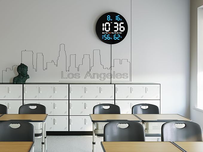 Large Digital Clock for Classroom, Digital Classroom Clocks for Teachers, 10" Round LED Clock with Large Display，Date, Countdown Timer, Remote Control, Temperature, Electric (Blue)