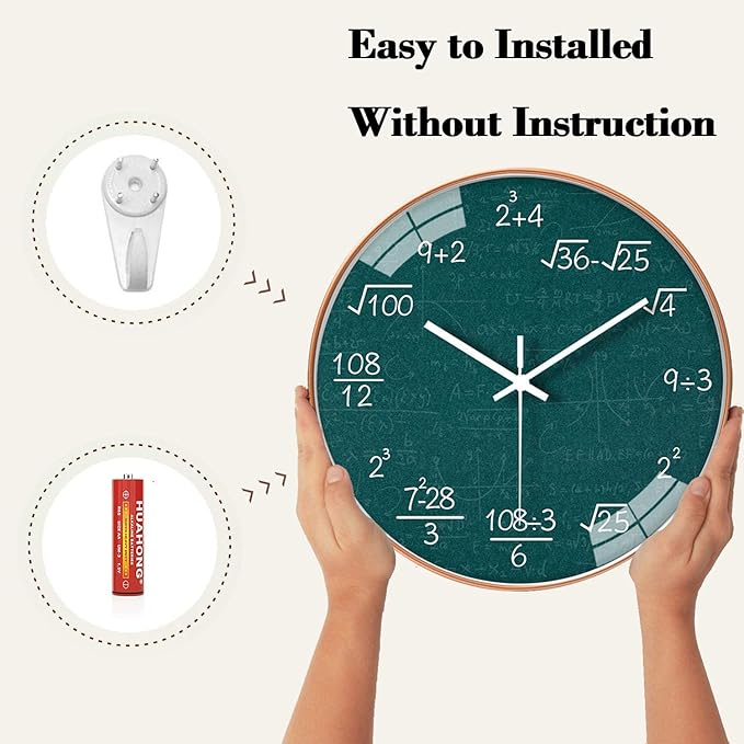 QINFIEY 12 Inch Math Wall Clock Silent Non Ticking Movement Quality Quartz Wall Clock for Office Classroom/School/Home/Kitchen/Living Room Wall Decorations (Blue)