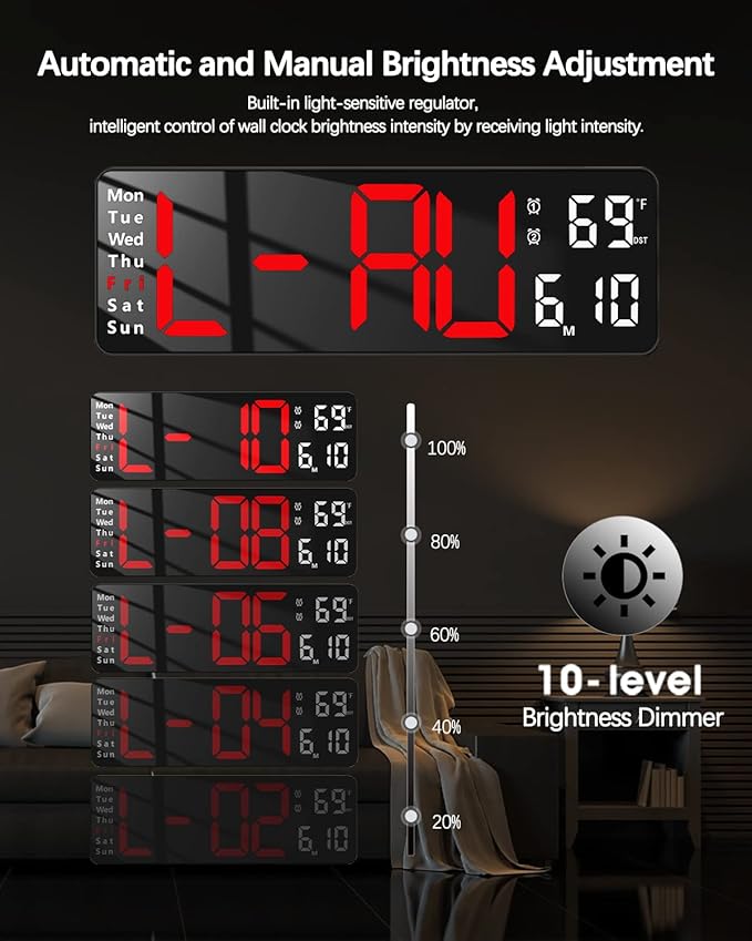 JoFomp Digital Wall Clock - 13" Large LED Display, Loud Alarm, Remote Control, DST, Auto-Dimming, Date and Day, Timer, Temperature - 12/24H Format - Ideal for Living Room, Bedroom, Kitchen