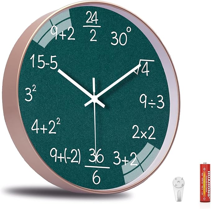QINFIEY 10 Inch Math Wall Clock Silent Non Ticking Movement Quality Quartz Wall Clock for Office Classroom/School/Home/Kitchen/Living Room Wall Decorations (Green)