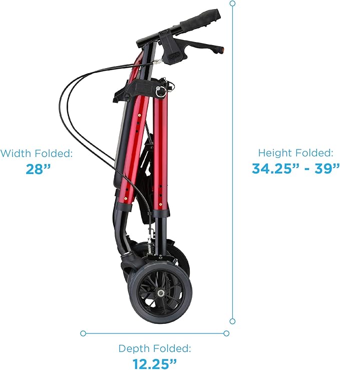 NOVA Star 8 Petite Heavy Duty Bariatric Rollator Walker, Large Padded Seat, 450lb Capacity, 8” Rugged All-Terrain Wheels, Easy-Grip Locking Hand Brakes, Fold Lock, Height Adjustable, Red