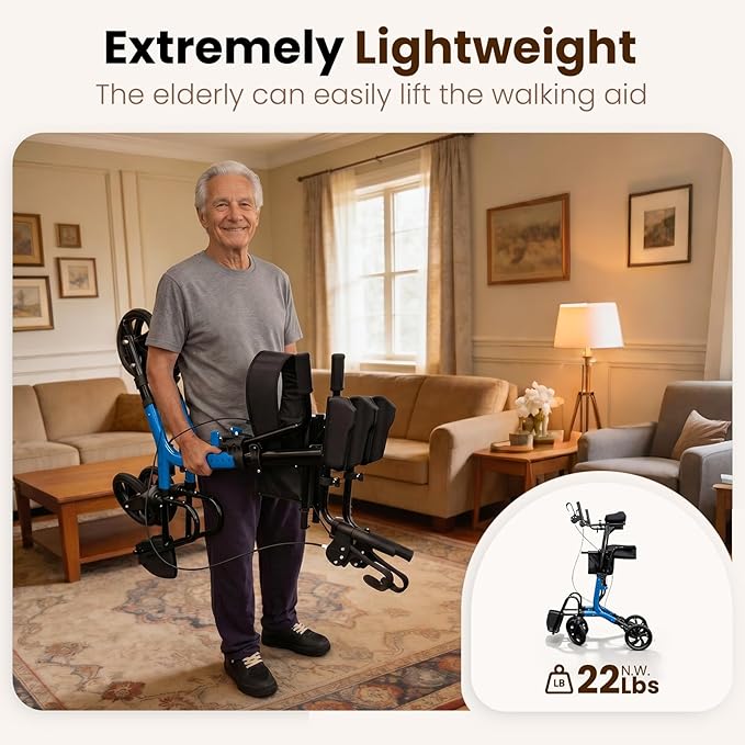 Upright Walkers for Seniors 450 lbs Capacity, 22 lbs Foldable Lightweight Walkers for Seniors with Seat, Armrest and Pedal, Height Adjustable Rollator Walker with Seat for Travel & Gift (Blue)