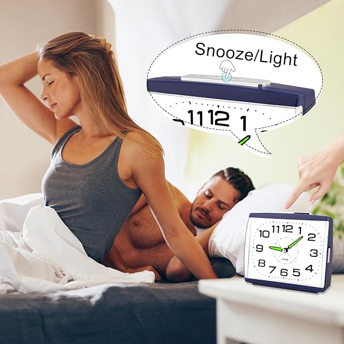 DTKID Large Alarm Clock for Bedside, Silent Non-Ticking Analog Clock with Night Light, Battery Powered, Gradually Increasing Alarm for Heavy Sleepers, Seniors