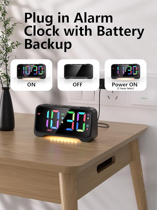 Mesqool Super Loud Alarm Clock for Bedrooms,Weekend/Weekday Mode, Dimmer, Snooze, 12/24H, DST, Battery Backup for Heavy Sleepers, Adults (Black)