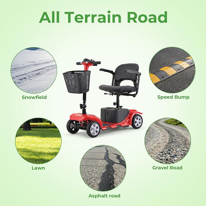Mobility Scooter for Adults, 4 Wheels Lightweight Scooter, Foldable Mobility Scooter Long Range for Travel, Adults, Elderly, Supports 300 lbs, Powered Wheelchair with Charger & Basket (red red)