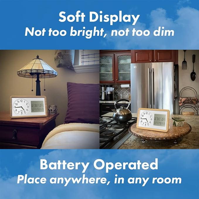 Atomic 10” Clock Combines Analog Time and Digital Display for Day and Date - Battery Powered Soft Display - White with Woodgrain Accent Frame