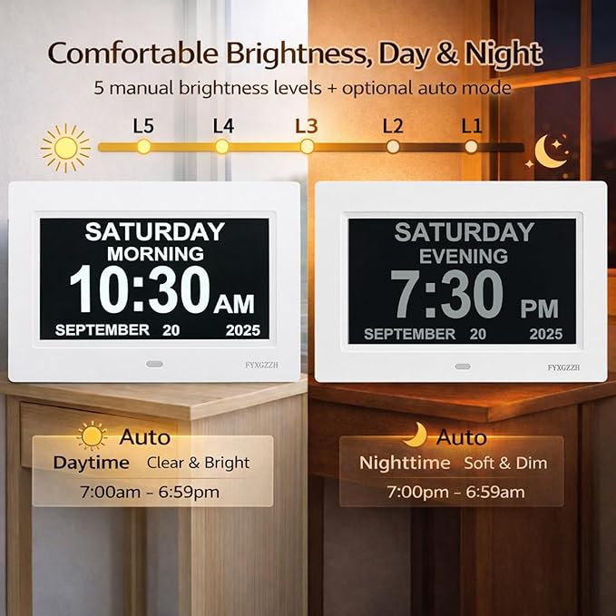 Large Display Digital Dementia Clocks for Seniors, 7'' Day Date Time Calendar Clock for Elderly, Simple Setup, 19 Alarm Reminders, Adjustable Brightness, DST