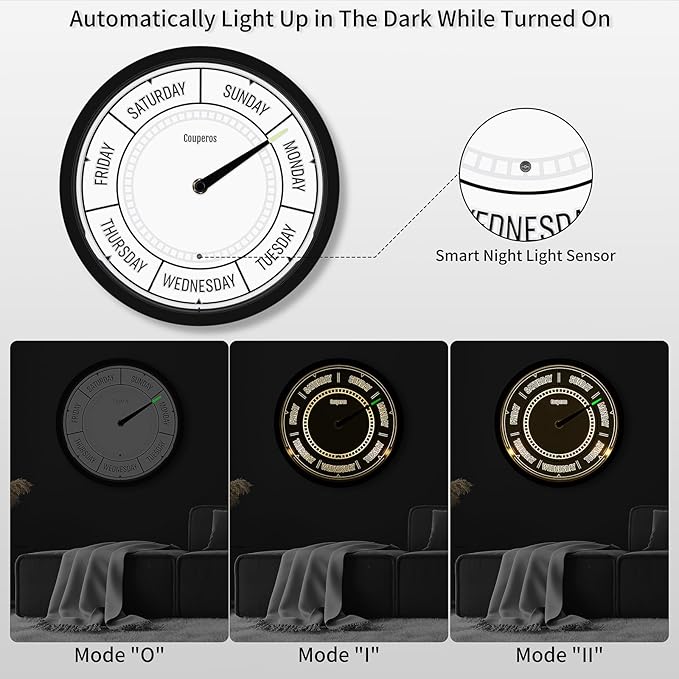 Day of The Week Wall Clock with Night Light - 12" Analog Silent Non-Ticking Clock with LED Night Light, Calendar Day Clock Perfect for Home, Office, and Retirement Gifts