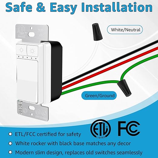3 Pack Single Pole Dimmer Light Switch, Neutral Wire Required, Work with LED/CFL (150W Max) & Halogen/Incandescent (600W Max), 5 Brightness Levels, ETL/FCC Certified