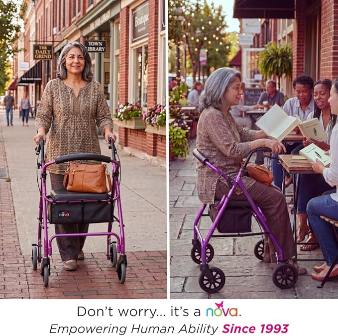NOVA GetGo Classic Rollator Walker (Standard Size), Rolling Walker for Height 5'4" - 6'1", Seat Height is 22.25 Inch, Color Purple