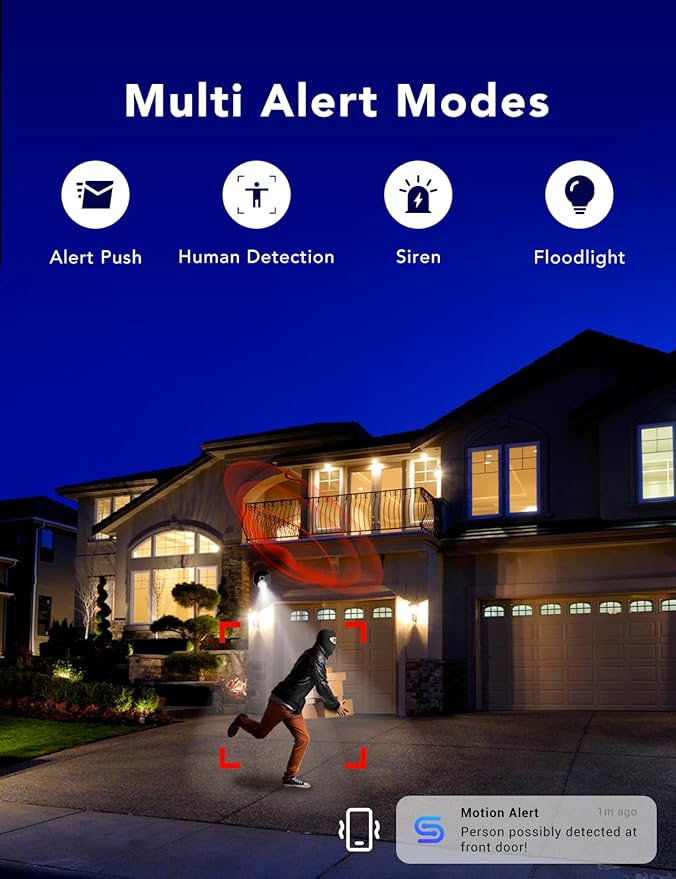 2K Security Camera Wired, Outdoor/Indoor for Home, Pet, Baby, Nanny, IP65 Waterproof Color Night Vision, White Light & Siren, Recording, Motion Detection, Compatible with Alexa,Black-2P