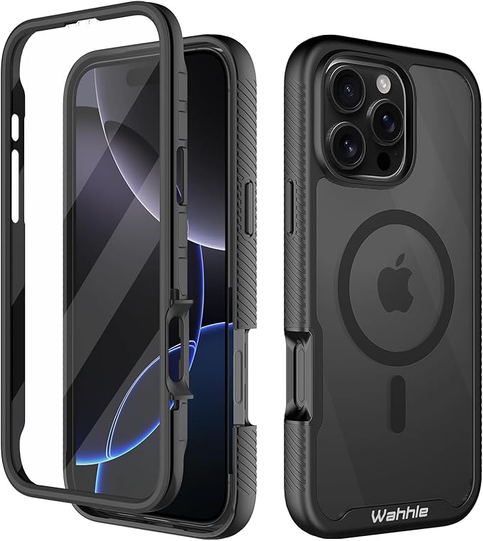 wahhle Compatible with iPhone 16 Pro Max Case, Magnetic Built in Screen Protector Full Body Shockproof Slim Fit Bumper Protective Phone Cover 6.9'' Men Women-Black/Clear