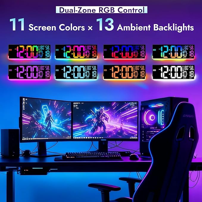 16.5" Large Digital Wall Clock: 11 Screen Colors and 13 U-Shaped RGB Backlight Modes with Sync Screen, Auto DST, Temp & Humidity, Dual Alarm & Timer – Digital Clock for Classroom, Gym, Gaming Room