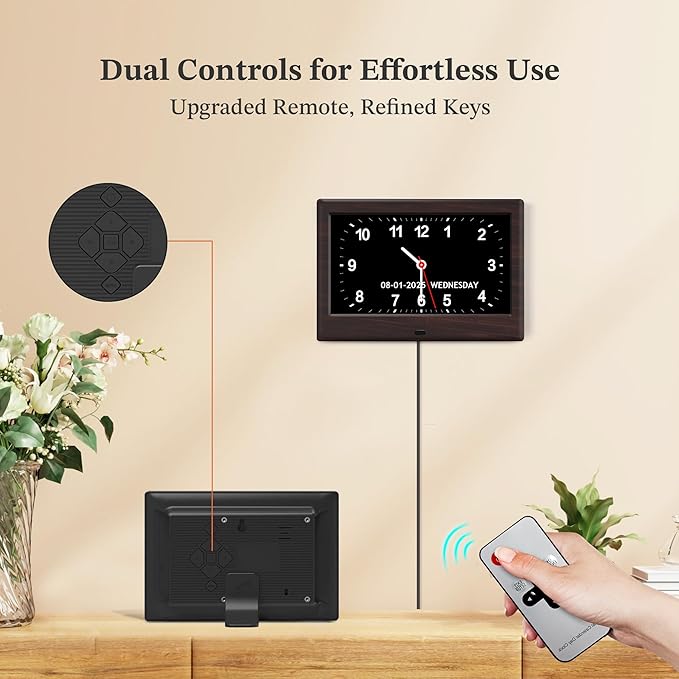 7'' Dementia Clock For Seniors, Large Display Digital Clock With Date, Time, Day Of Week for Elderly, Alzheimer, 1024*600P HD, 10 Reminders & 7 Alarms, Auto Dimming & DST, Remote Control, Woodgrain