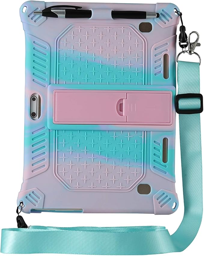 DETUOSI Case for YELLYOUTH 10.1 Tablet, Soft Silicone Lightweight Case Compatible with Dragon Touch Notepad K10, ZONKO 10.1, Beyond Tab 10.1, with Stylus Pen and Shoulder Strap, Pink & Mint Green