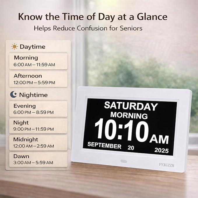 Large Display Digital Dementia Clocks for Seniors, 7'' Day Date Time Calendar Clock for Elderly, Simple Setup, 19 Alarm Reminders, Adjustable Brightness, DST