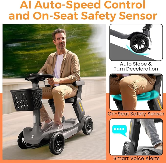 Paiseec S3 Foldable Mobility Scooter for Adults, Seniors - 25 Miles Range, 6 mph, Lightweight Mobility Scooter for Travel, Improved Safety, Large Wheels for Outdoor, LED Headlight, Basket