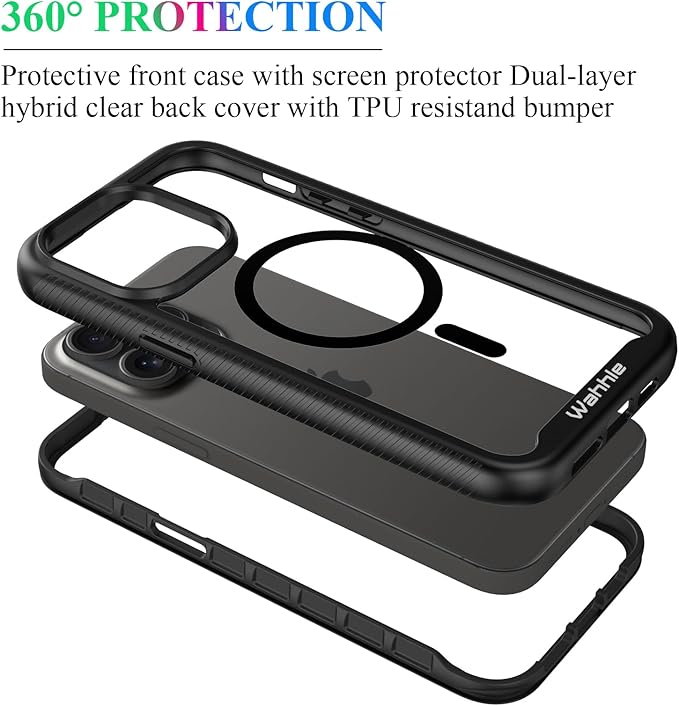 wahhle Compatible with iPhone 15 Pro Case, Magnetic Wireless Charging Built in Screen Protector Full Body Shockproof Slim Fit Bumper Protective Phone Cover 6.1'' Men Women-Black/Clear