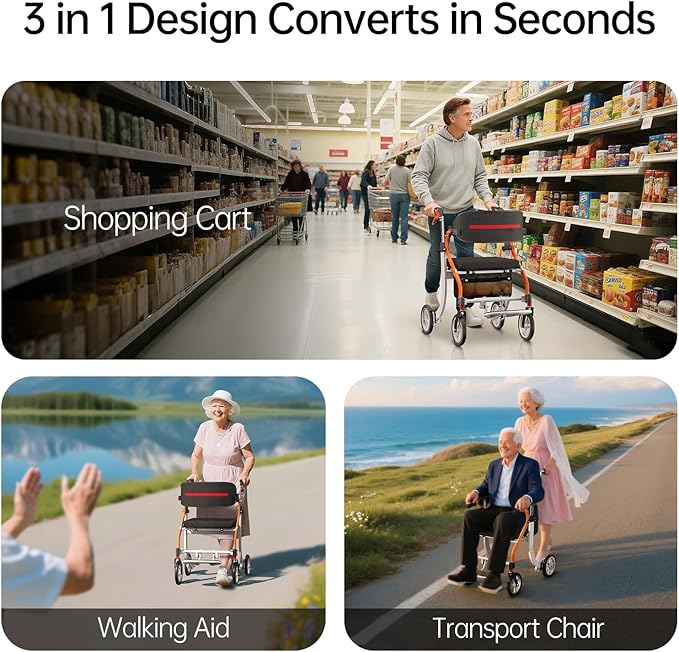 2 in 1 Walker Wheelchair Combo, Foldable Rollator Walkers for Seniors with Seat, Lightweight Rolling Walker with Height Adjustable, Easy Storage & Travel Walker Chair, No Installation, Orange