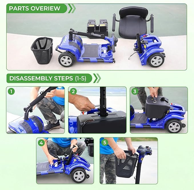 Mobility Scooter for Adults, 4 Wheels Lightweight Scooter, Foldable Mobility Scooter Long Range for Travel, Adults, Elderly, Supports 300 lbs, Powered Wheelchair with Charger & Basket (Blue)