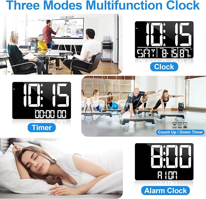 PERSUPER 13" Digital Wall Clock Large Display with Remote, 25 Ringtones, Temperature, Calendar, 0-100% Auto or Custom Brightness, 12/24H, DST, Timer, for Living Room, Kitchen, Bedroom, Office, Elderly