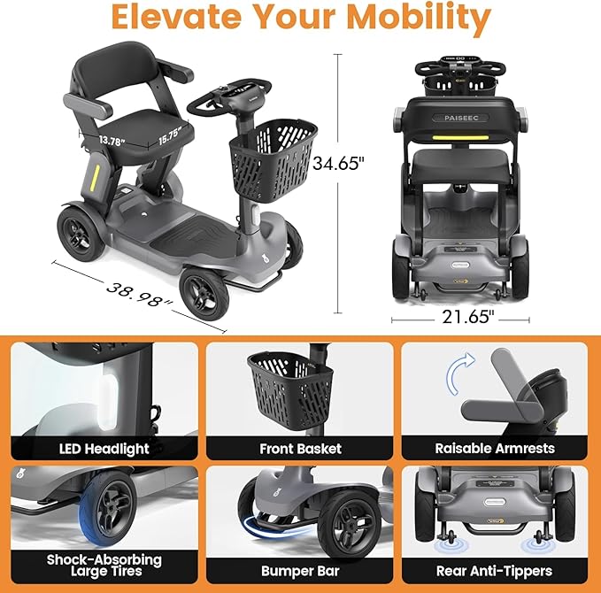 Paiseec S3 Foldable Mobility Scooter for Adults, Seniors - 25 Miles Range, 6 mph, Lightweight Mobility Scooter for Travel, Improved Safety, Large Wheels for Outdoor, LED Headlight, Basket