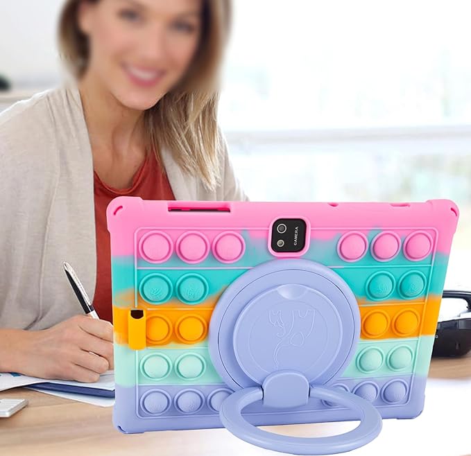 Silicone Tablet Case 360 Rotating Kickstand/Handle and Shoulder Strap Stylus Pen Soft Cover Compatible with JJGJ/QDDQ/AWOW TB02 10.1" Rainbow