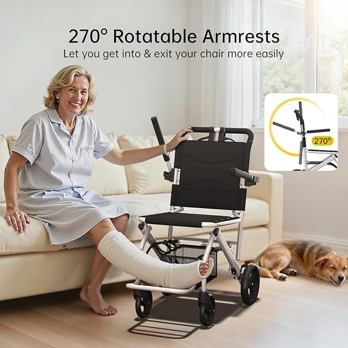 18lbs Ultra-Lightweight Wheelchair, Foldable Transport Wheelchair for Seniors & Adults with Handbrake, Easy Portable Travel Wheel Chair with Padded Seat & Storage Bag, Supports 220lbs No Installation
