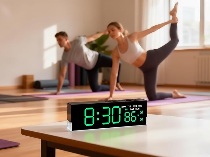 JENLYSTIME 7 Inch LED Digital Alarm Clock with Dual Alarms & Bottom Glow｜Displays Time, Date, Day, Temperature ｜3-Level Auto/Manual Brightness, DST, USB or Battery Powered Modern Desk Clock (Green)