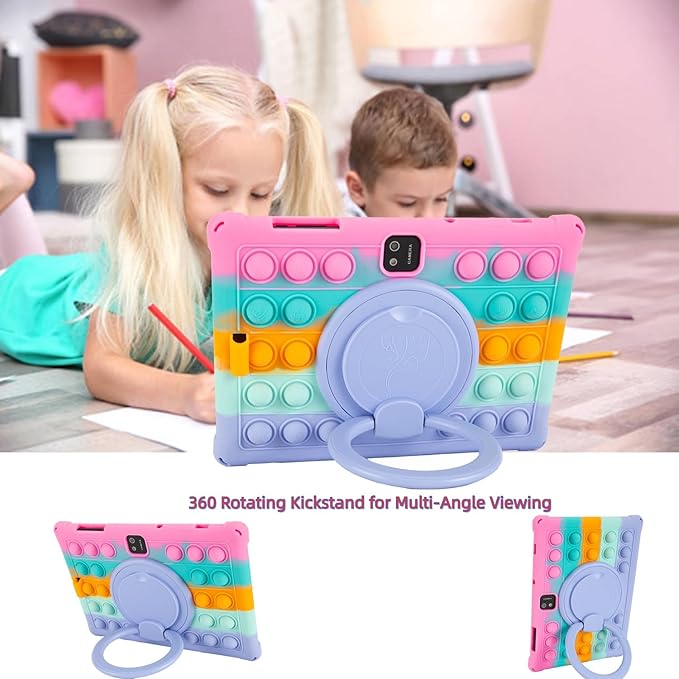 Silicone Tablet Case 360 Rotating Kickstand/Handle and Shoulder Strap Stylus Pen Soft Cover Compatible with JJGJ/QDDQ/AWOW TB02 10.1" Rainbow