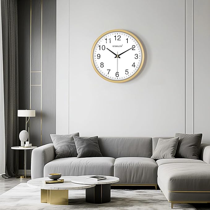 WISKALON 10 inch Wall Clock,Silent Non-Ticking Elegant Golden Frame Clock,Classic Digital Wall Clocks with Glass,Battery Operated Round Wall Clock,Easy to Read Home/Office/School Golden Clock