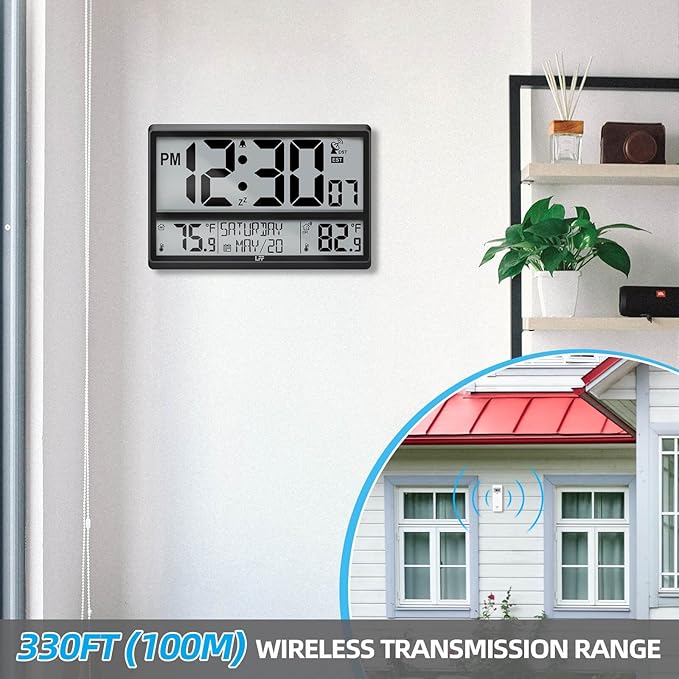 LFF Atomic Clock 4.5" Numbers, 15'' Large Display Atomic Wall Clock Never Needs Setting, Indoor Outdoor Temperature with Wireless Outdoor Sensor, Battery Powered, Clock for Home Office