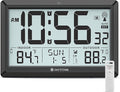 Atomic Clock Wall with Indoor/Outdoor Temp, Battery Operated Digital Wall Clock with 10.5" Large LCD Display, 330ft Range Desk Table Clock with Alarm, DST, Calendar for Living Room Bedrooms, Black