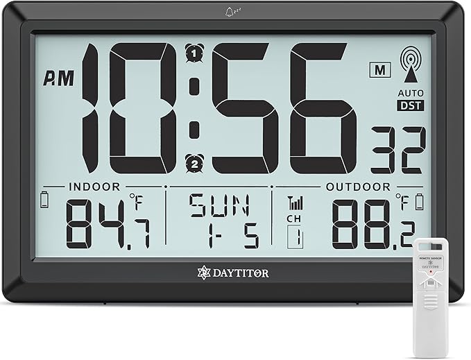 Atomic Clock Wall with Indoor/Outdoor Temp, Battery Operated Digital Wall Clock with 10.5" Large LCD Display, 330ft Range Desk Table Clock with Alarm, DST, Calendar for Living Room Bedrooms, Black
