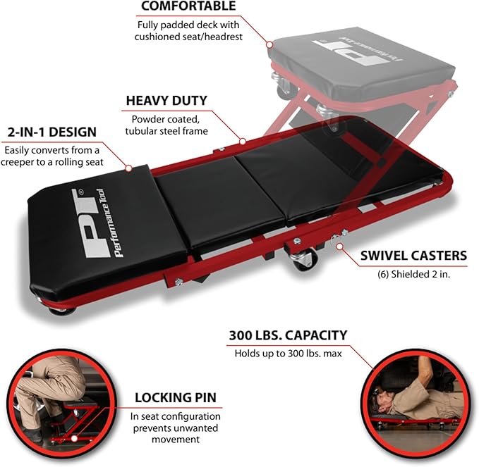 Performance Tool W85034 36-Inch Z-Frame Folding Automotive Creeper, All-in-One Adjustable Roller Garage Seat, Lay Down or Sit, 300 lbs. Capacity, Under Car Creeper, Padded with 6 Swivel Casters