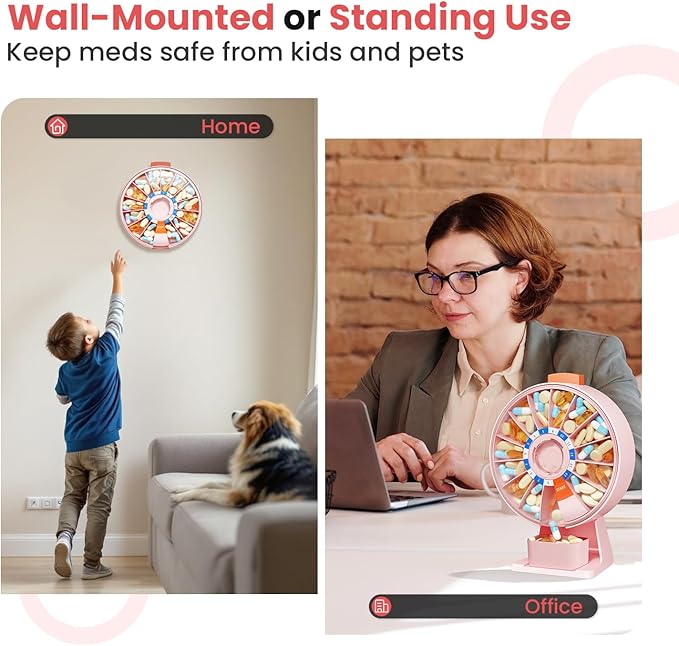 Odaro Large Pill Dispenser Weekly 7-Day AM/PM Wall-Mount or Standing Pink