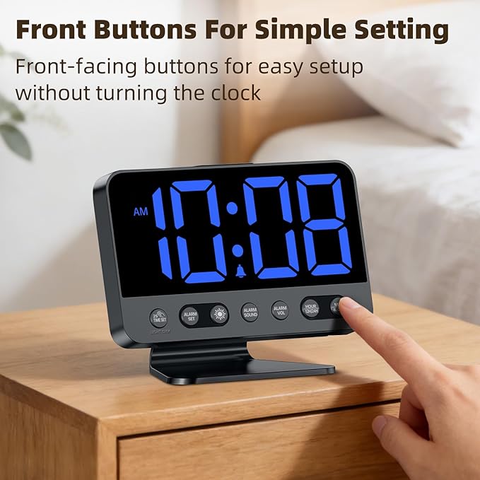 Digital Alarm Clock with Large Numbers for Bedrooms: Bold Display Readable Across The Room with 5 Level Brightness - 5 Alarm Sounds 8 Night Lights for Kids Seniors Teens - Blue