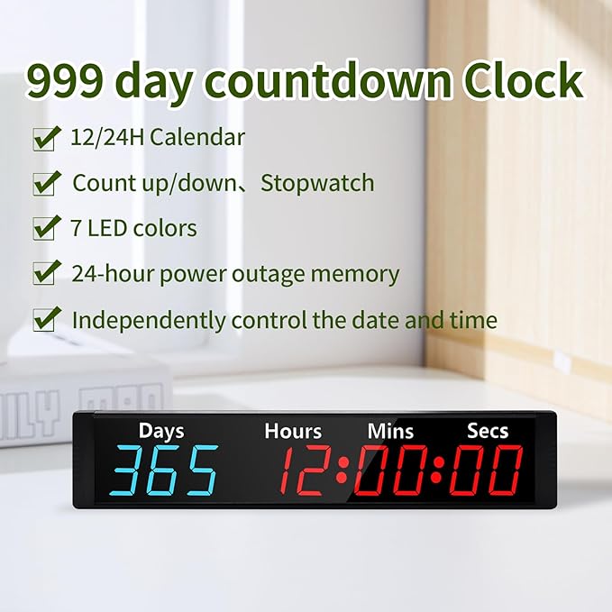 LUCKY TIME Christmas Countdown Clock with RGB Color | 999 Days LED Countdown Clock with Auto Date Calculator & Direct Days Input, Large Display for Christmas Holiday Retirement Wedding Event