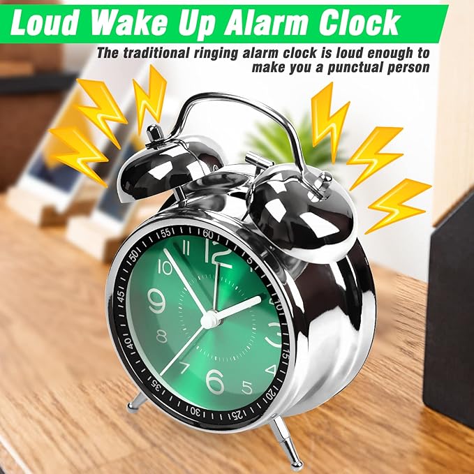 AYRELY Super Loud Alarm Clock for Heavy Sleepers Adults,Twin Bell Retro 4 Inch Silent Non-Ticking Quartz with Backlight, Metal dial, Alarm Clocks for Bedrooms Bedside (Green)