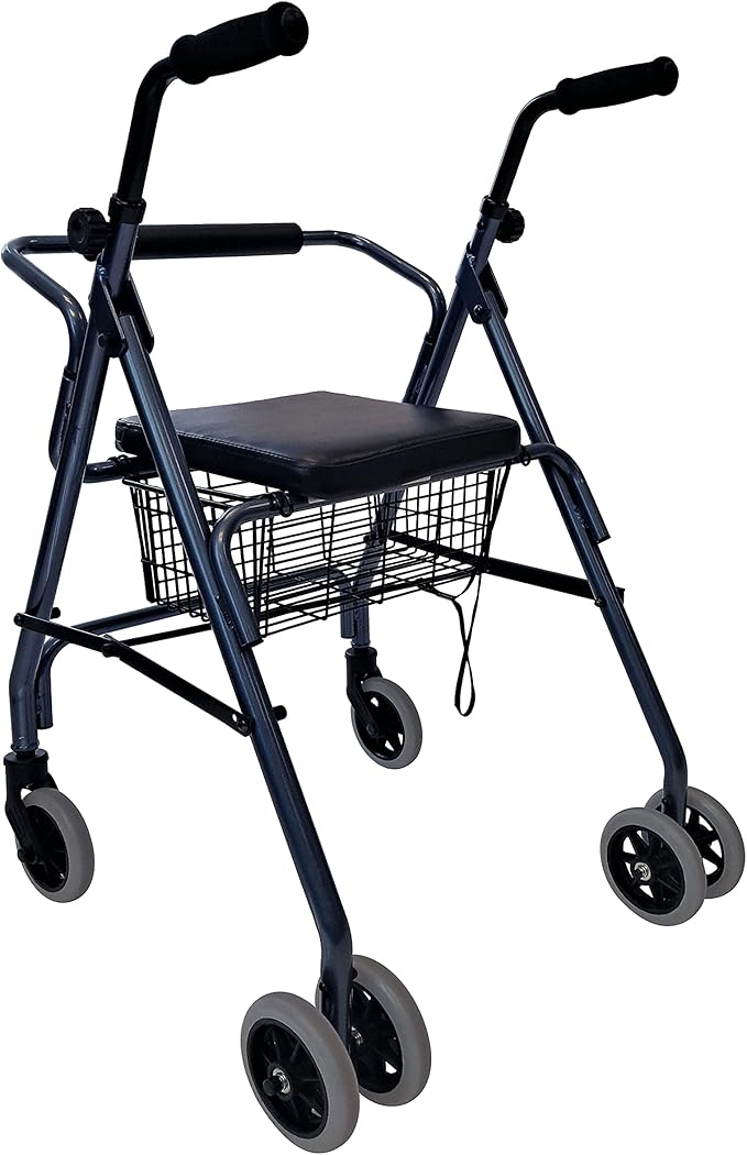 Freedom Lightweight Folding Aluminum Rollator Walker with 5-inch Wheels, Adjustable Seat Height Push Down Brake for Weak Grips with Basket (Midnight Blue)
