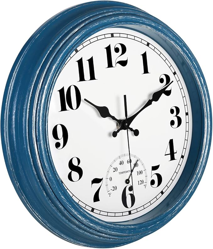 JENLYSTIME 12 Inch Indoor/Outdoor Retro Waterproof Wall Clock with Thermometer Silent Round Quartz Battery Operated Easy to Read Decorative for Kitchen Patio,Bathroom,Deck,Porch,Pool(Blue)