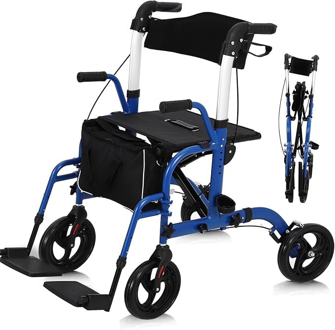 Walker for Seniors,Folding Walker and Transport Wheelchair Combo for Seniors - Lightweight Aluminum All-Terrain Rollator with Seat, Backrest, Hand Brakes & Footrests