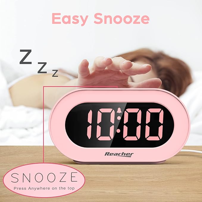 REACHER Pink Girls Alarm Clock for Kids Bedroom, Dimmable LED Digital Display, Outlet Powered, Adjustable Volume, Simple to Use, Snooze, Small Size for Bedside, Desk, Toddler