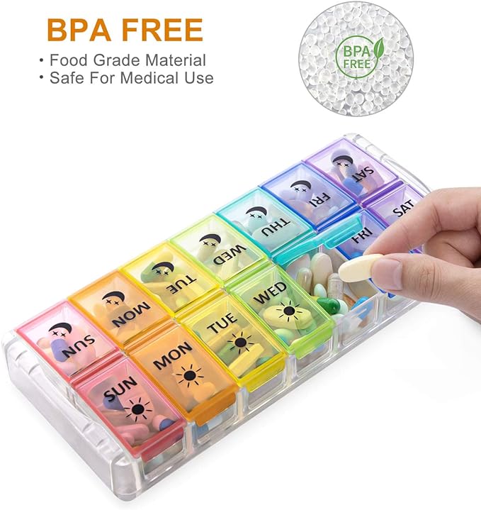 Pill Organizer 2 Times a Day, Fullicon Quick Fill Large Weekly AM PM Pill Box, Medicine Organizer 7 Day, Daily Pill Cases - Rainbow (Patent Registered)